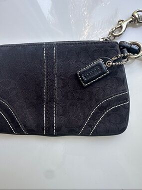 Coach Black Signature Wristlet with White Stitching and Silver Hardware